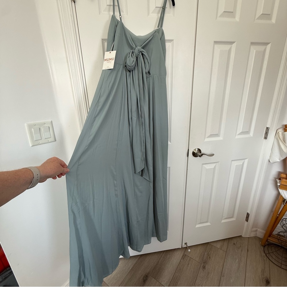 Show Me Your Mumu Lauren Tie Back Sage Green Chiffon Gown Maxi Dress XL NEW - Picture 5 of 14